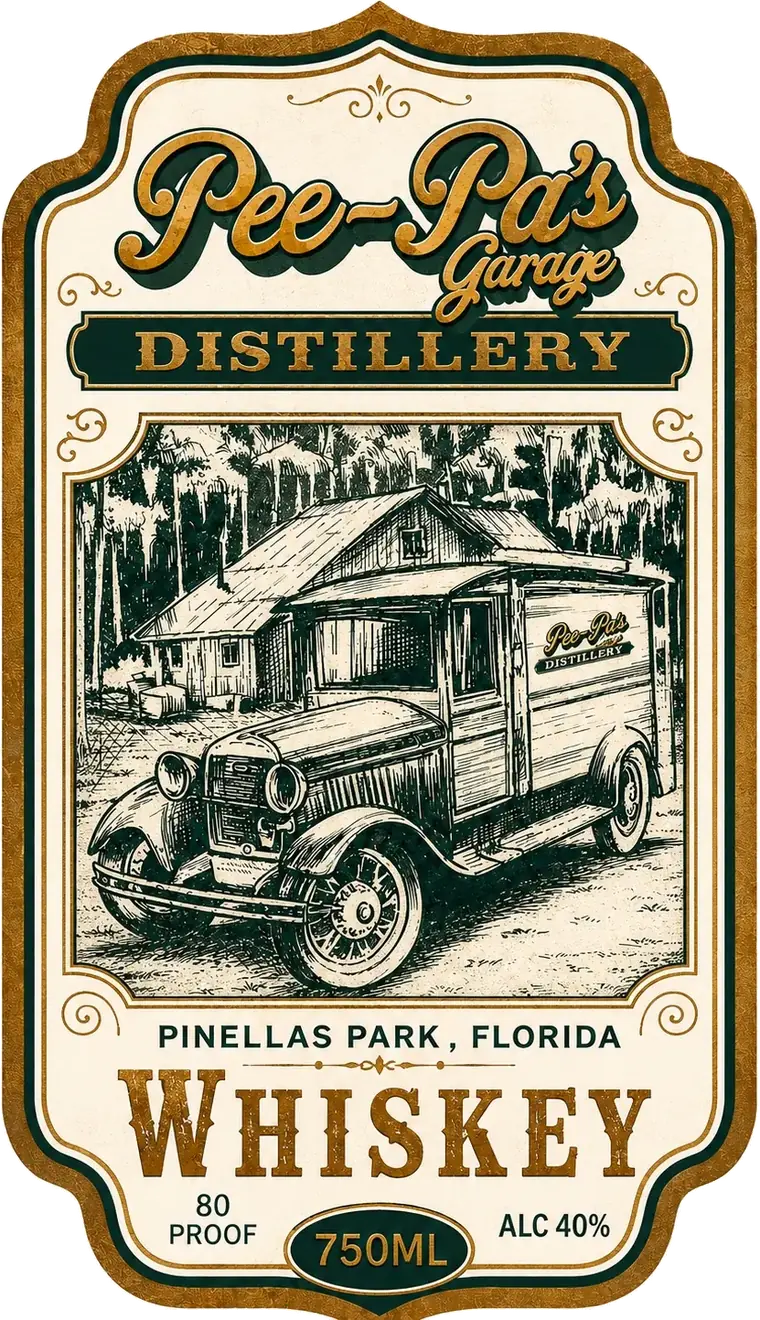 Pee-Pa's Garage Distillery whiskey label, Pinellas Park, Florida