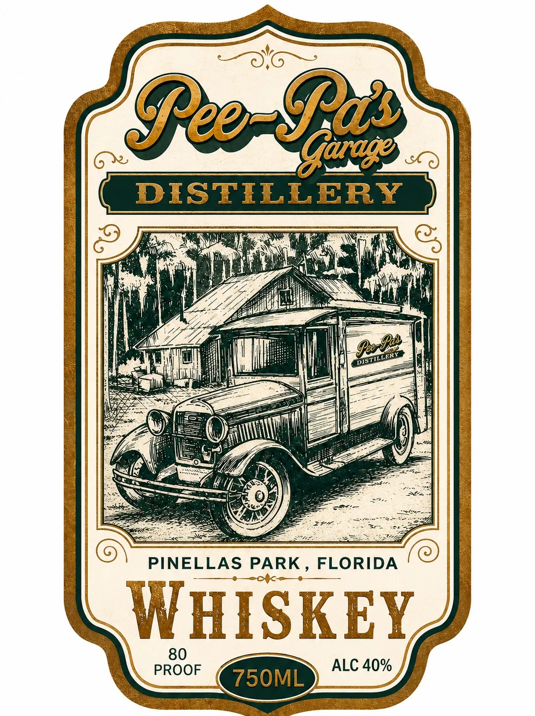The Pee-Pa's Garage Distillery whiskey bottle label