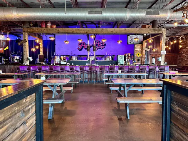 Picnic tables and benches in the taproom